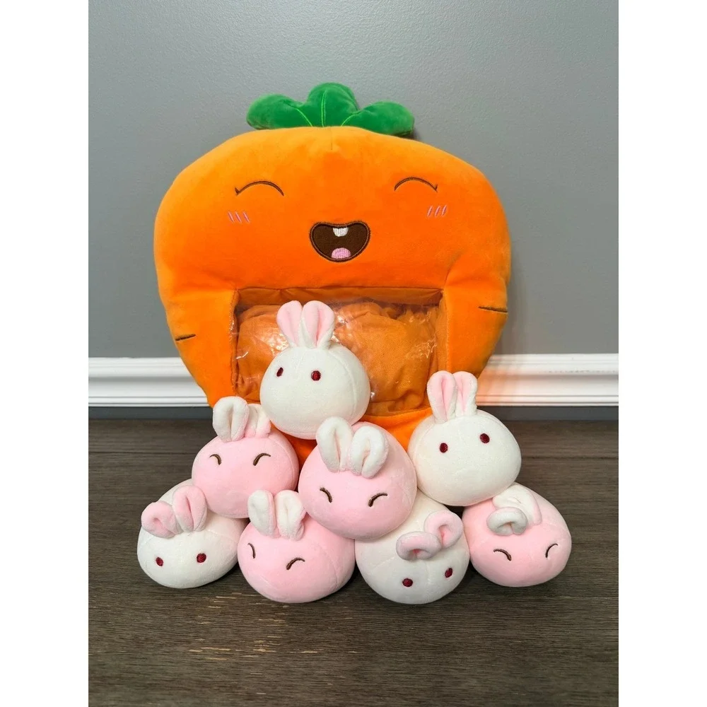 REFAHB Kawaii Carrot Bunny Pillow Plush Snack Bag with 8 Mini Bunnies Orange 15